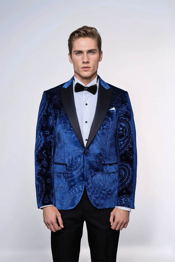 Blazer de fiesta de hombre azul marino de terciopelo con estampado floral - Wessi