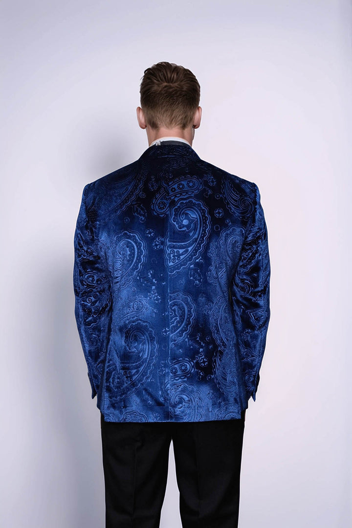 Blazer de fiesta de hombre azul marino de terciopelo con estampado floral - Wessi