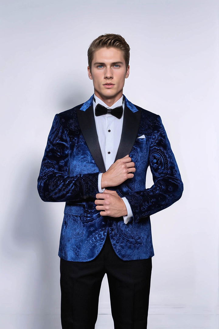 Blazer de fiesta de hombre azul marino de terciopelo con estampado floral - Wessi