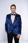 Floral Patterned Velvet Navy Blue Men Tuxedo Blazer - Wessi