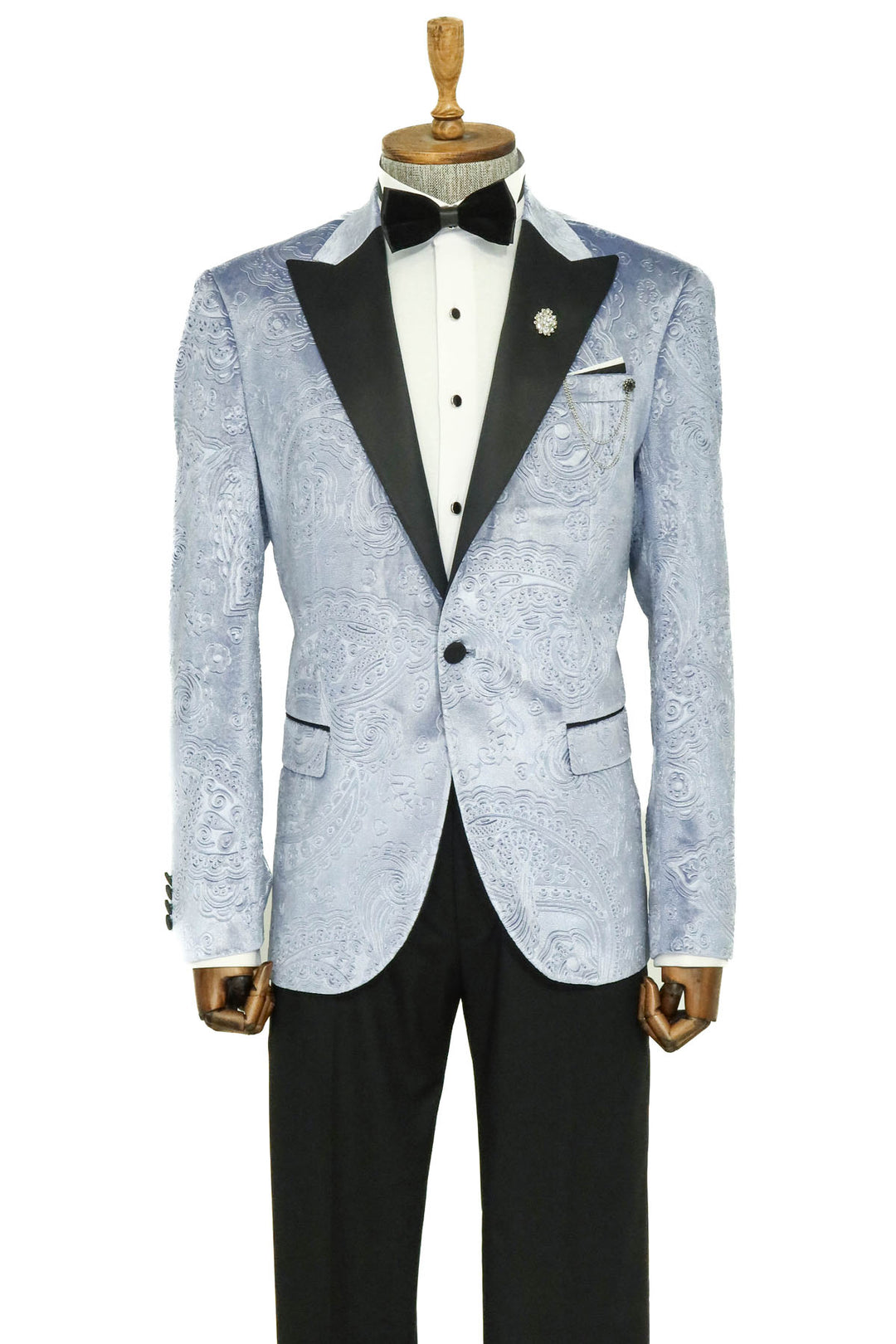 Floral Patterned Velvet Blue Men Prom Blazer - Wessi