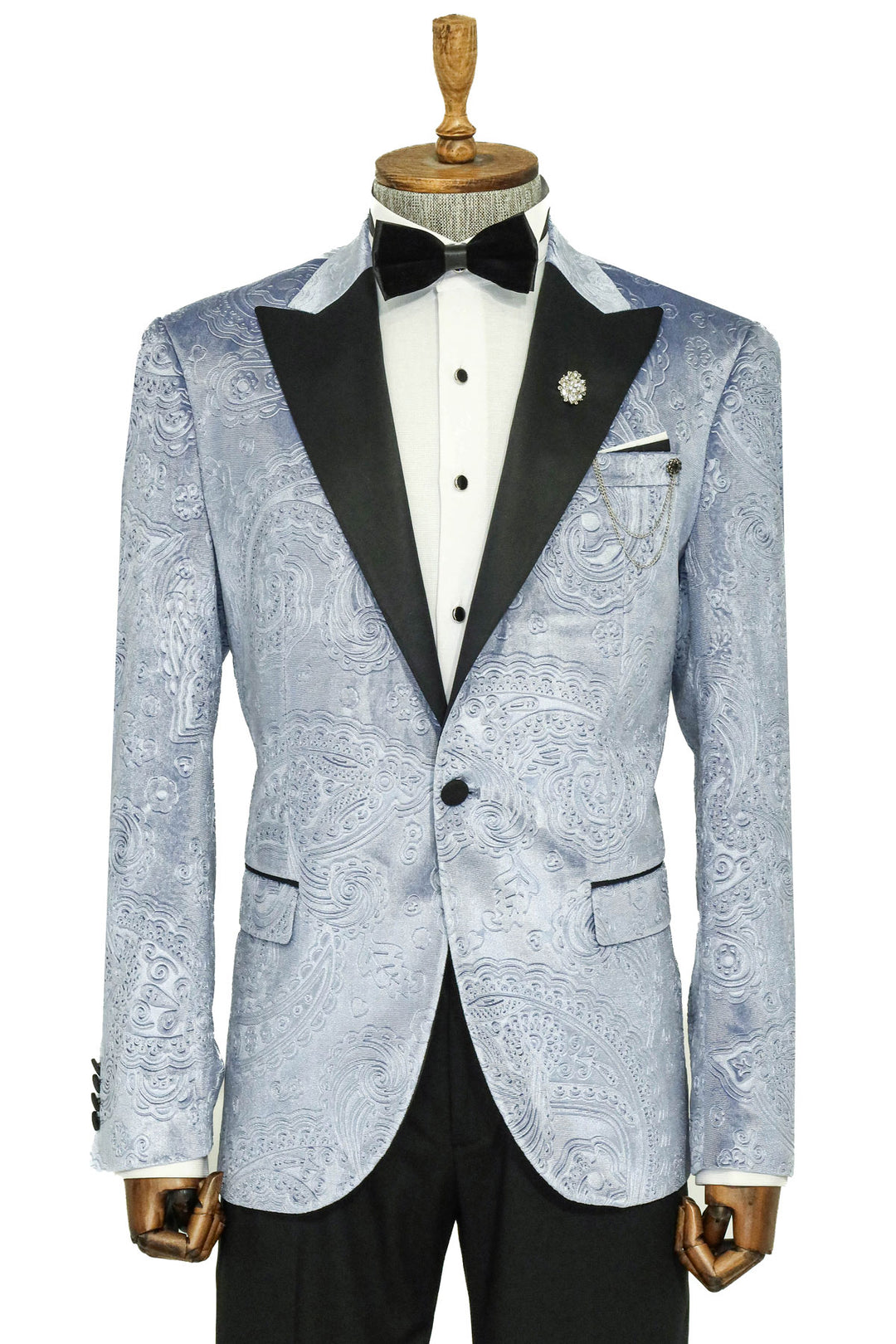 Floral Patterned Velvet Blue Men Prom Blazer - Wessi