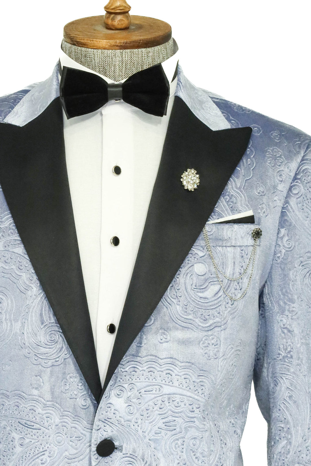 Floral Patterned Velvet Blue Men Prom Blazer - Wessi