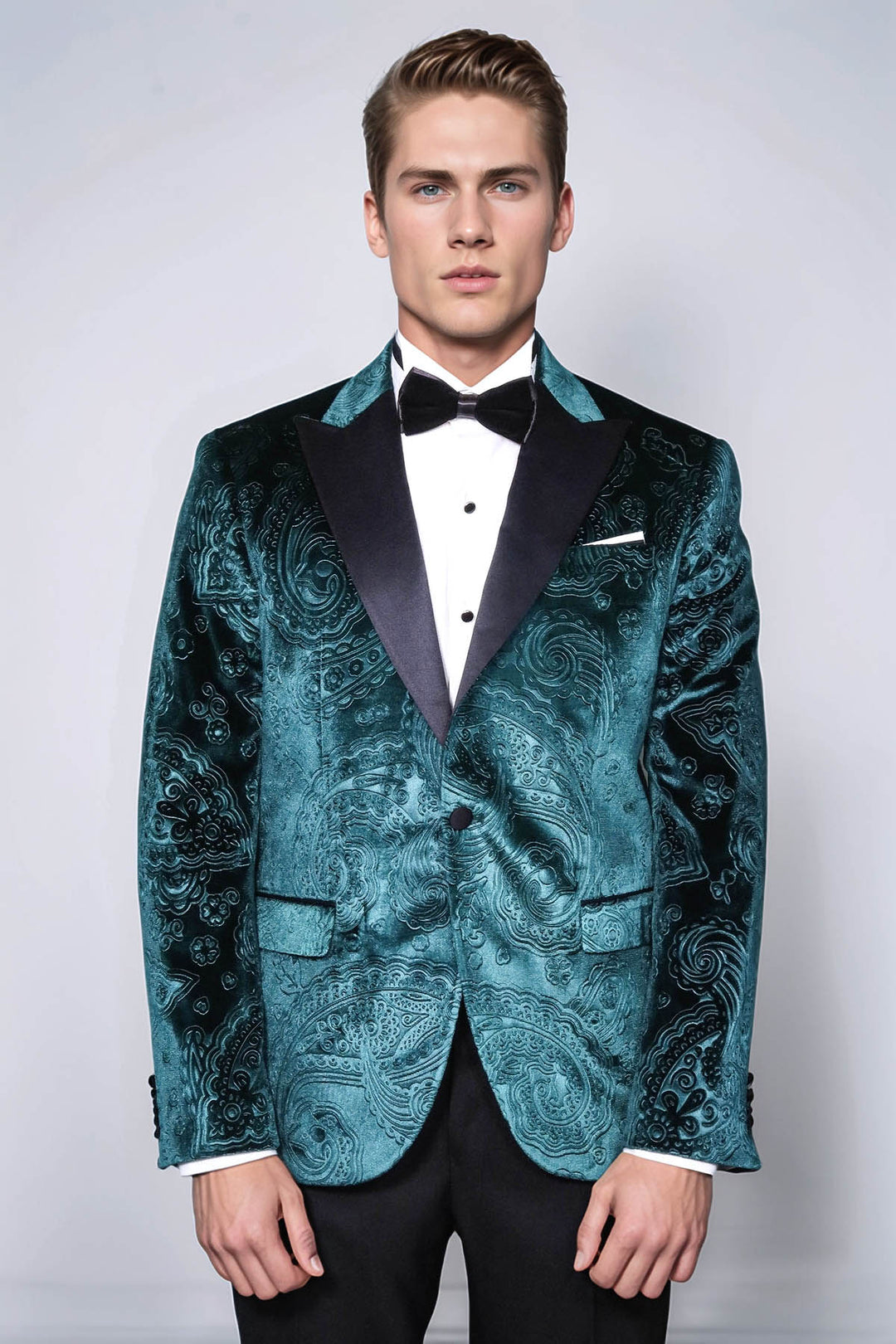 Floral Patterned Velvet Green Men Prom Blazer and Trousers Combination Suit- Wessi