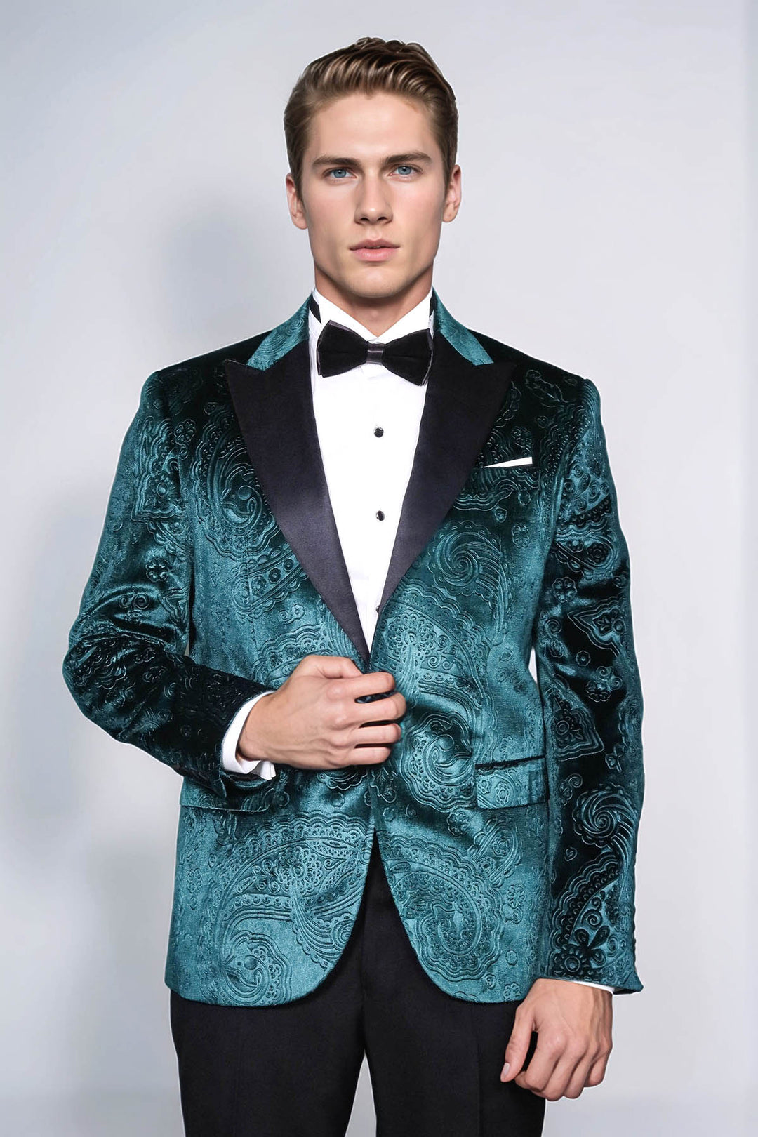 Floral Patterned Velvet Green Men Prom Blazer and Trousers Combination Suit- Wessi