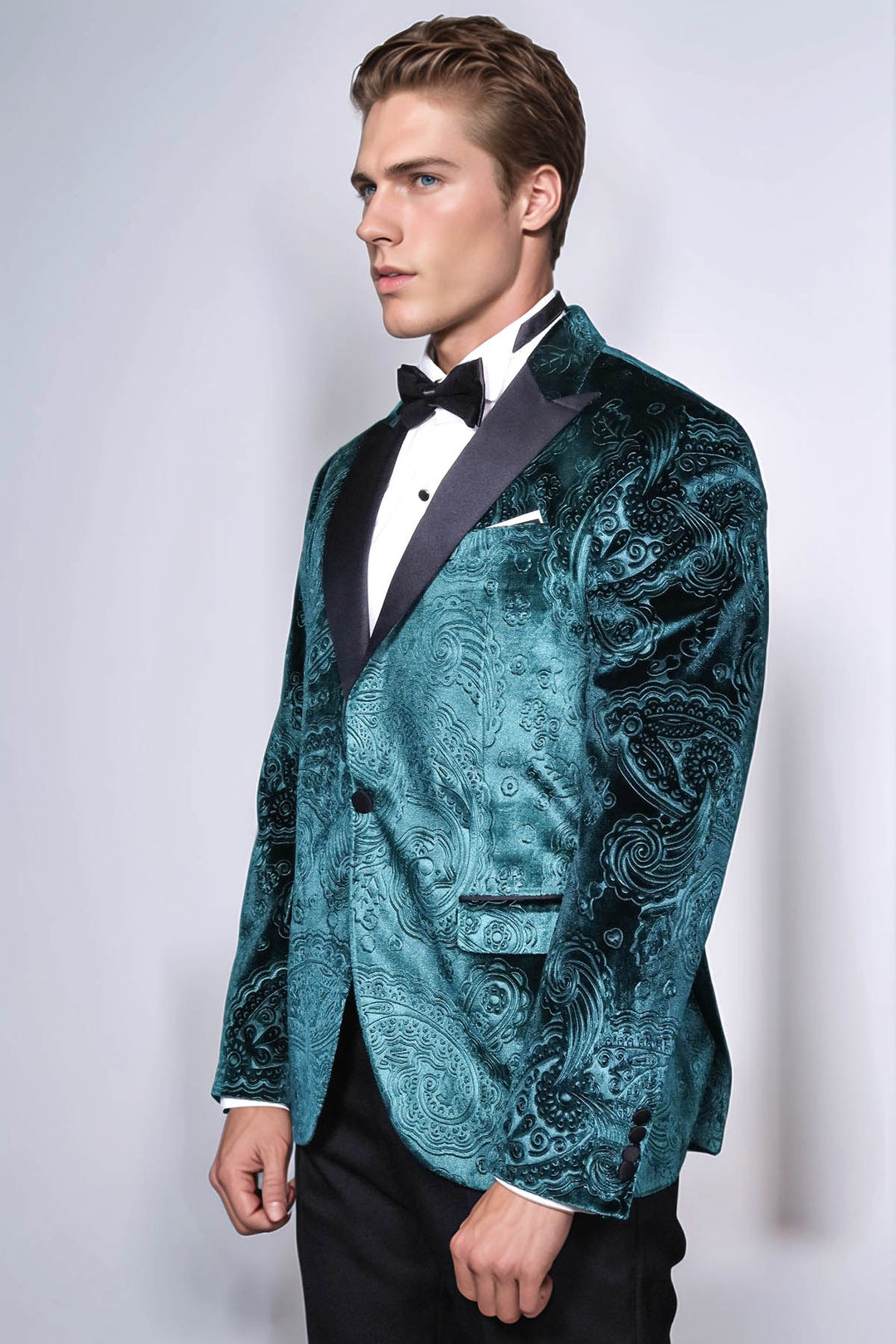 Floral Patterned Velvet Green Men Prom Blazer and Trousers Combination Suit- Wessi