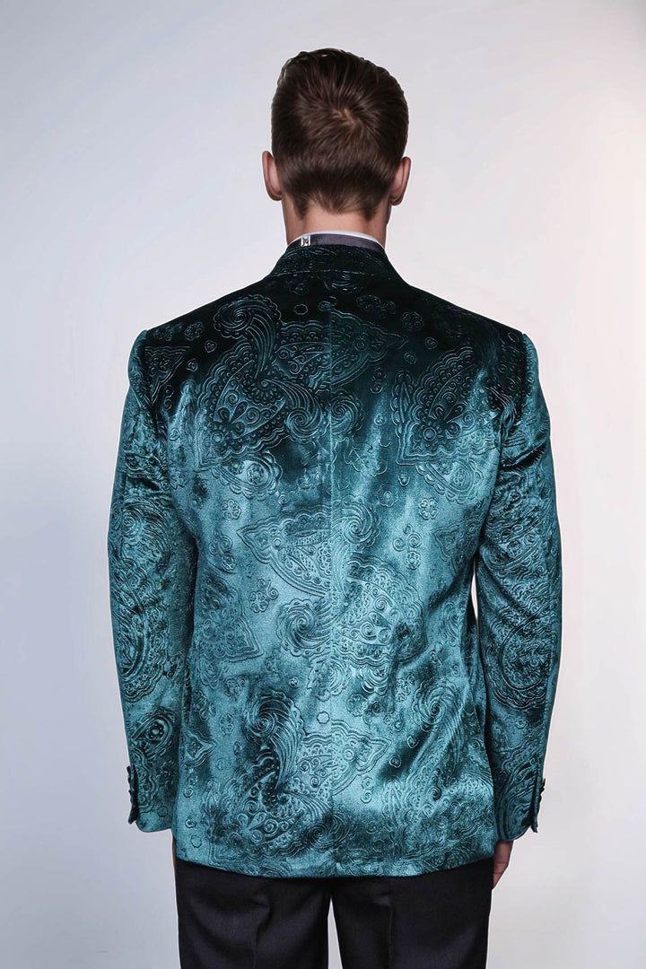 Floral Patterned Velvet Green Men Prom Blazer and Trousers Combination Suit- Wessi