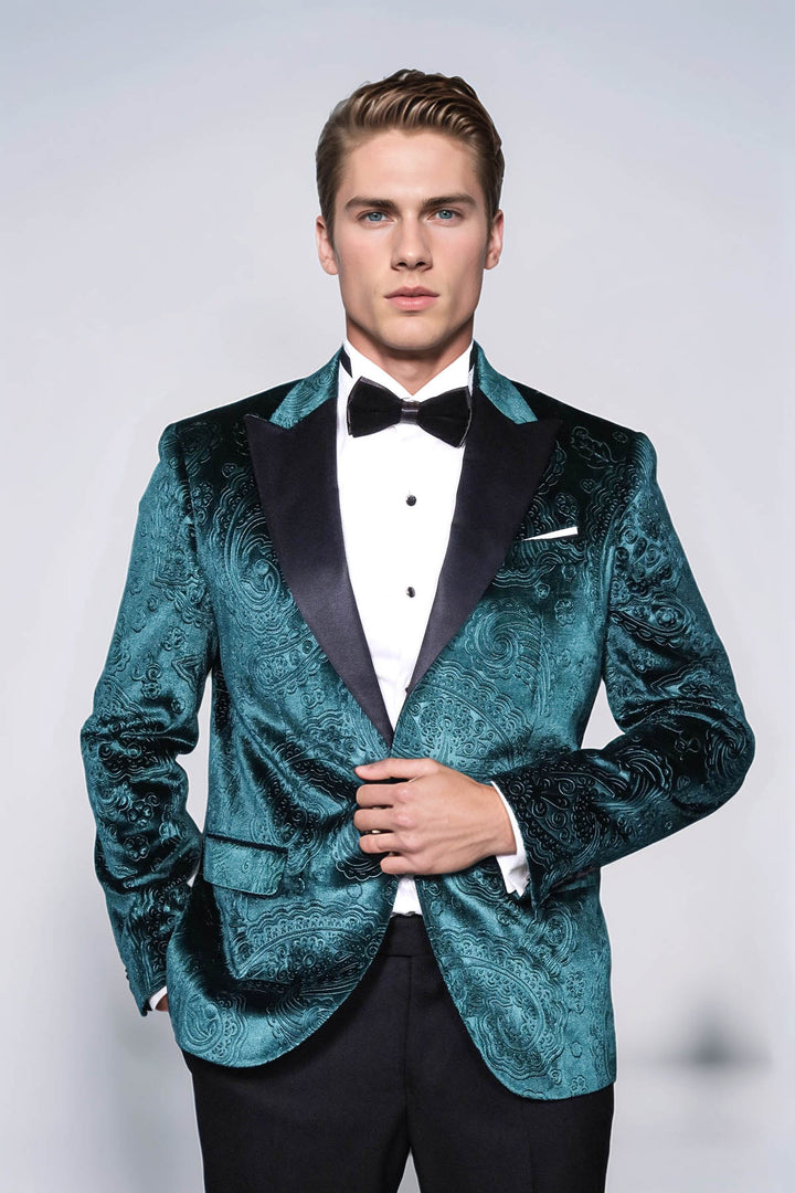 Floral Patterned Velvet Green Men Prom Blazer and Trousers Combination Suit- Wessi