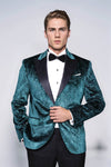 Floral Patterned Velvet Green Men Evening Jacket - Wessi