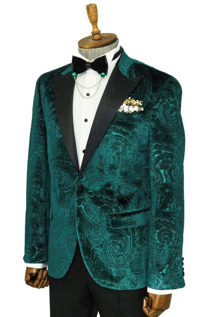 Floral Patterned Velvet Green Men Prom Blazer and Trousers Combination- Wessi