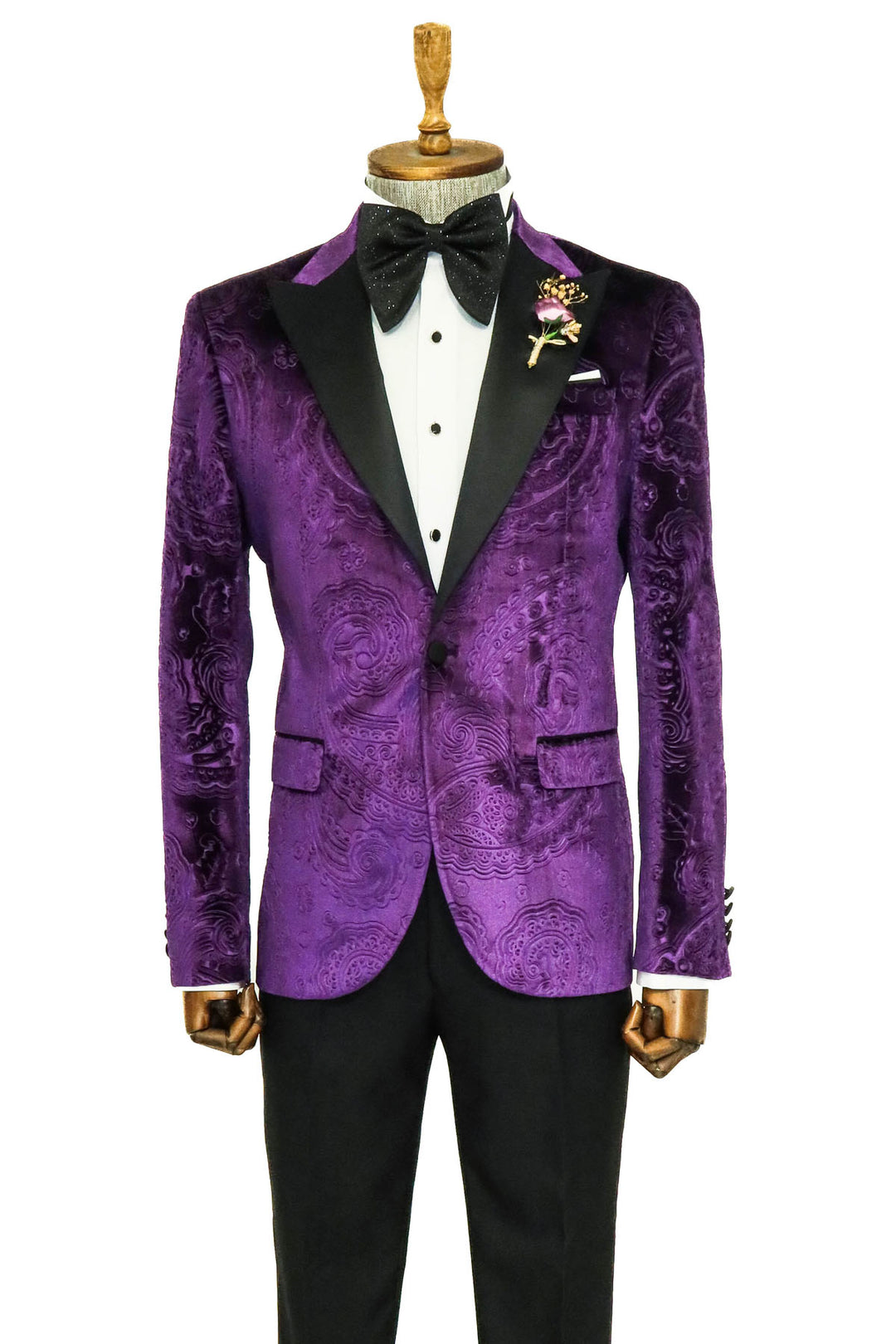 Floral Patterned Velvet Purple Men Prom Blazer - Wessi