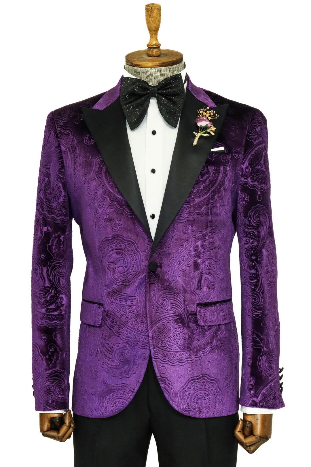 Floral Patterned Velvet Purple Men Prom Blazer - Wessi