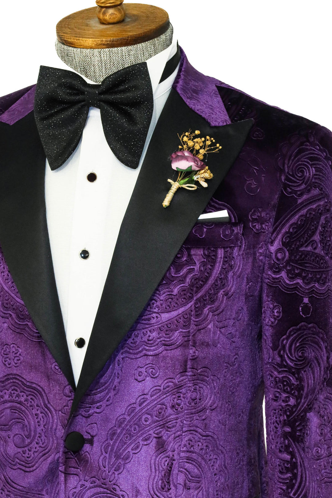 Floral Patterned Velvet Purple Men Prom Blazer - Wessi