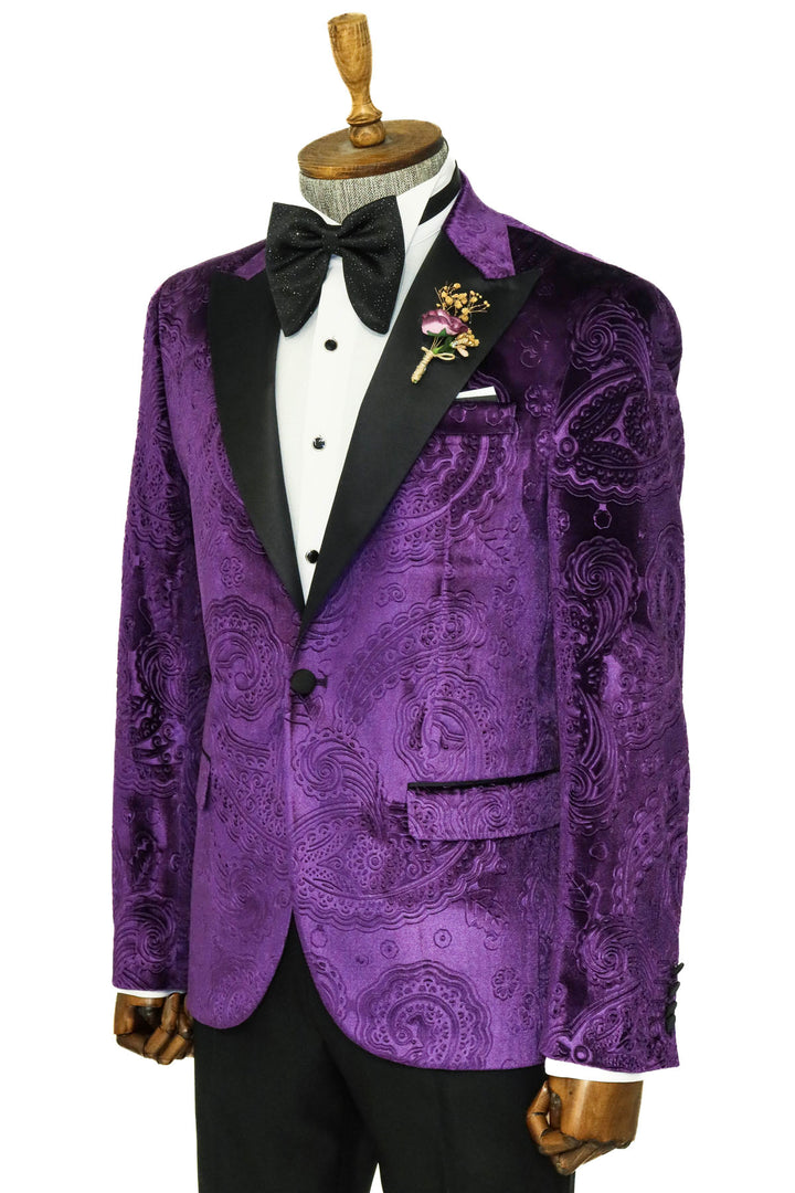 Floral Patterned Velvet Purple Men Prom Blazer - Wessi