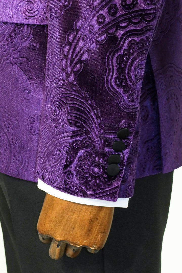 Floral Patterned Velvet Purple Men Prom Blazer - Wessi