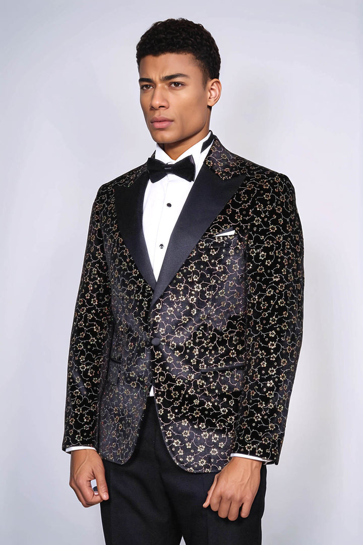 Blazer de bal noir à motif de petites fleurs pour hommes - Wessi