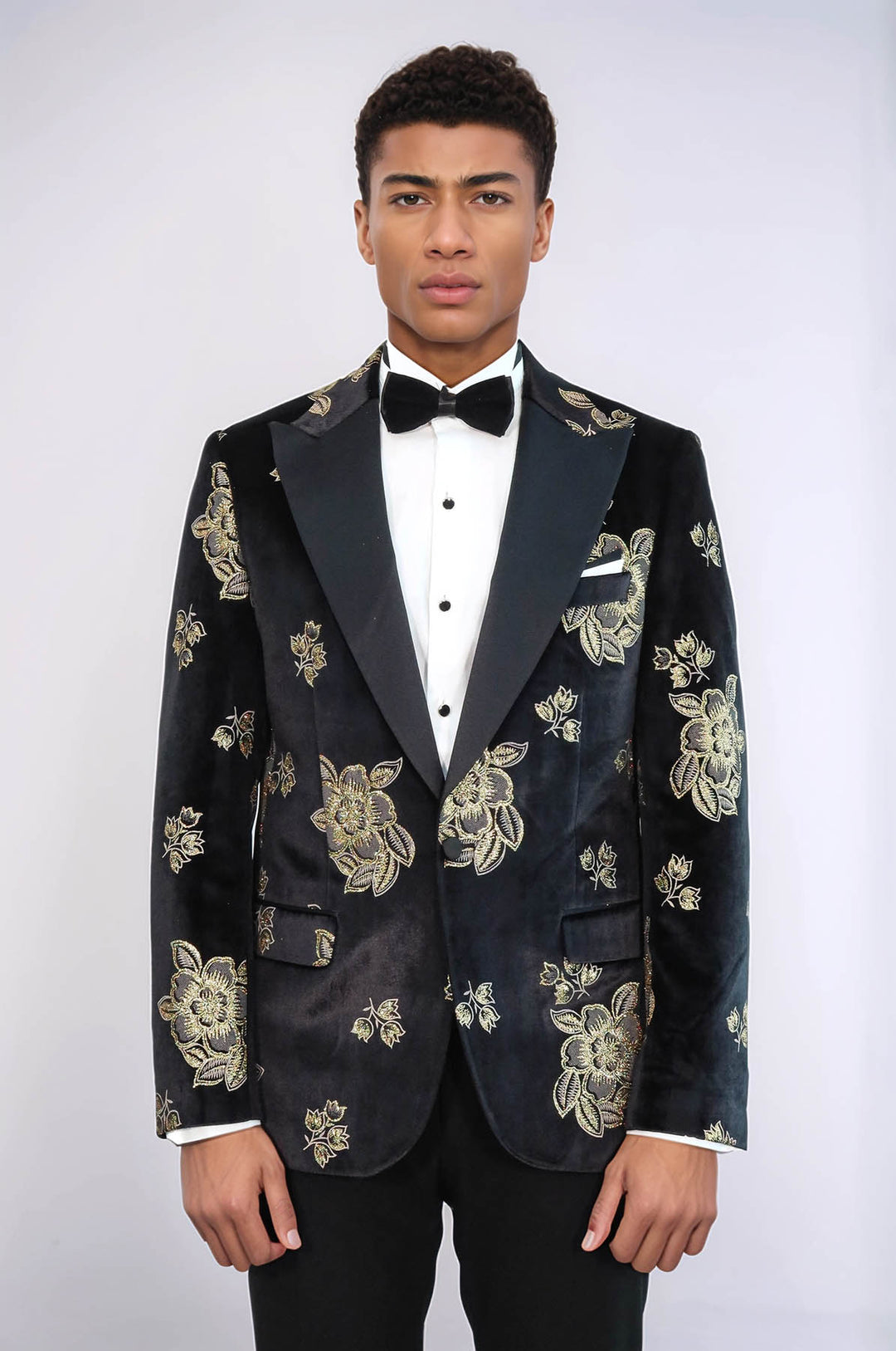 Gold Floral Patterned Shiny Black Men Prom Blazer and Trousers Combination Suit- Wessi