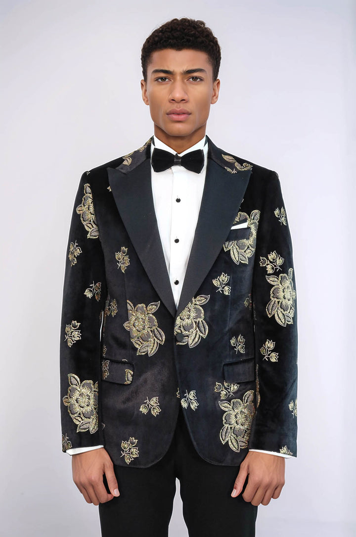 Blazer de bal noir brillant à motifs floraux dorés pour hommes - Wessi