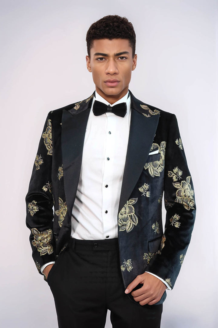 Gold Floral Patterned Shiny Black Men Prom Blazer and Trousers Combination Suit- Wessi