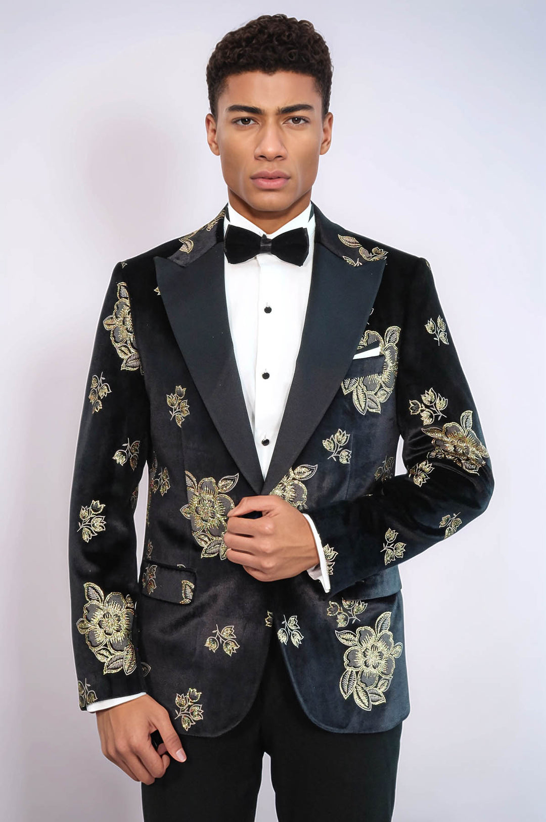 Gold Floral Patterned Shiny Black Men Prom Blazer and Trousers Combination Suit- Wessi