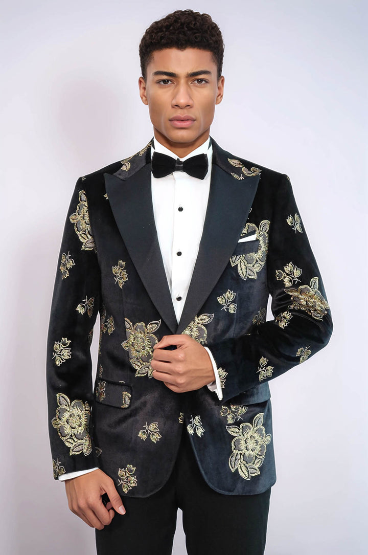 Gold Motif Floral Brillant Black Veste de Prom pour Hommes et Pantalon - Wessi