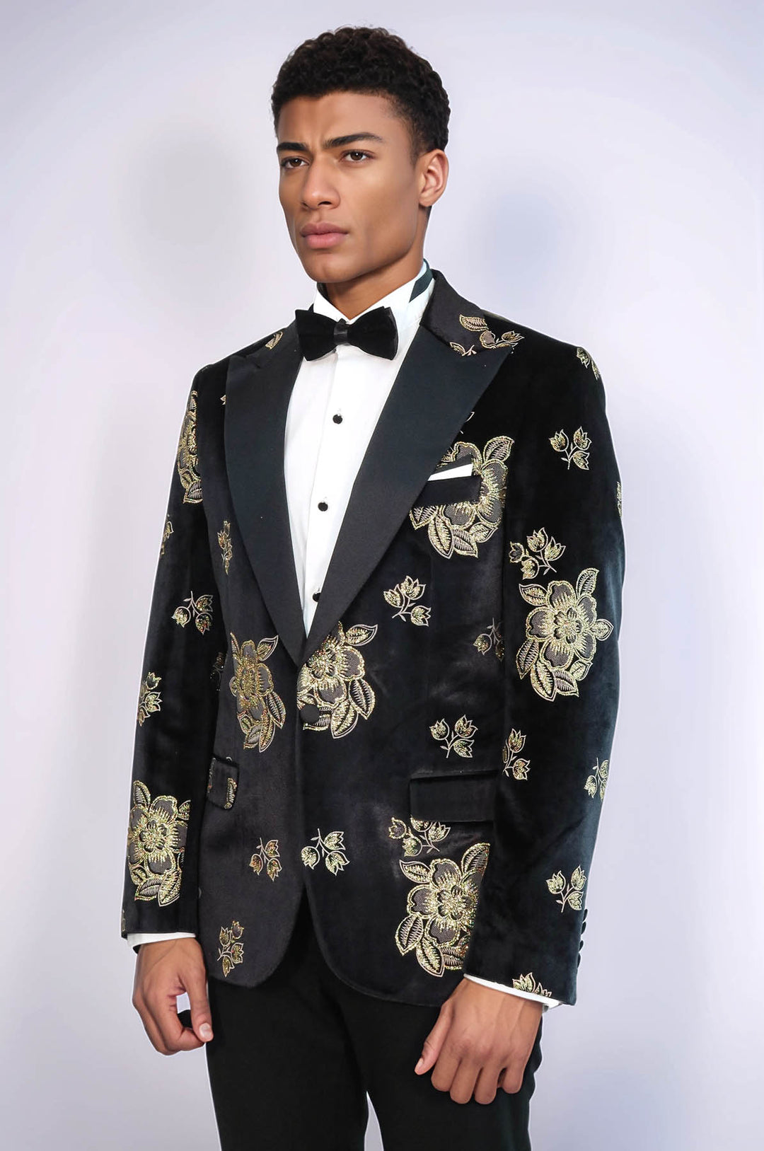 Gold Floral Patterned Shiny Black Men Prom Blazer and Trousers Combination Suit- Wessi