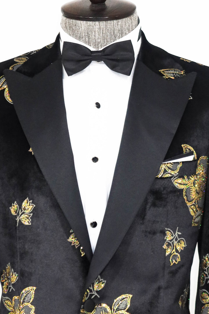 Gold Floral Patterned Shiny Black Men Prom Blazer and Trousers Combination- Wessi