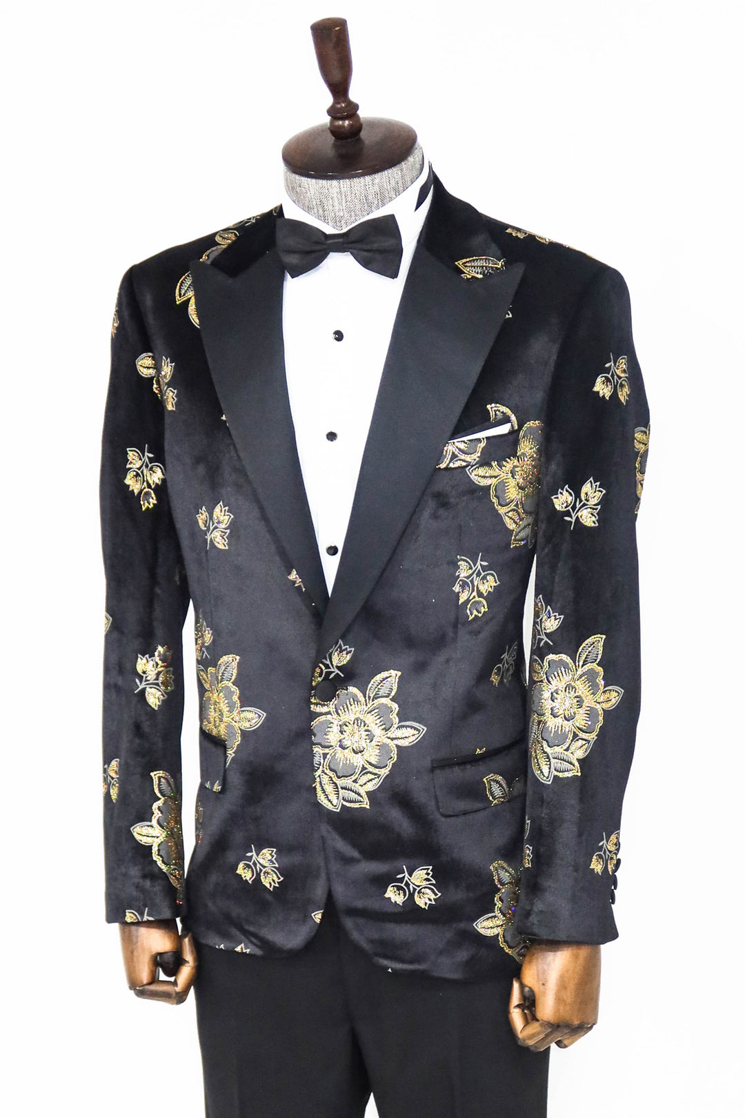 Gold Floral Patterned Shiny Black Men Prom Blazer and Trousers Combination- Wessi