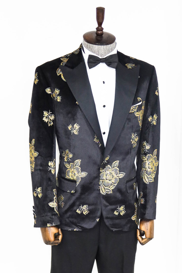 Gold Floral Patterned Shiny Black Men Prom Blazer and Trousers Combination- Wessi