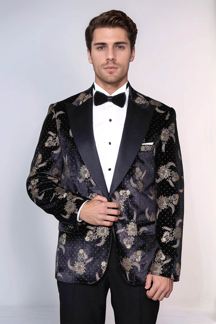 Blazer de bal noir en velours à motifs floraux pour hommes - Wessi