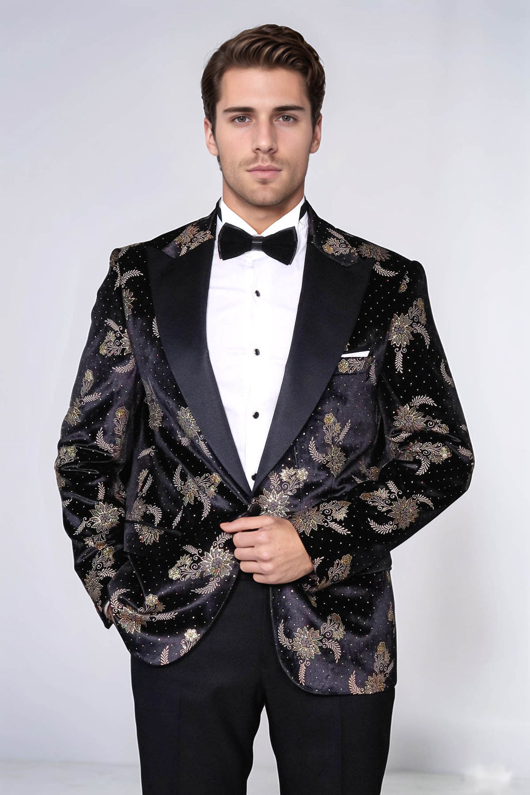 Blazer de bal noir en velours à motifs floraux pour hommes - Wessi