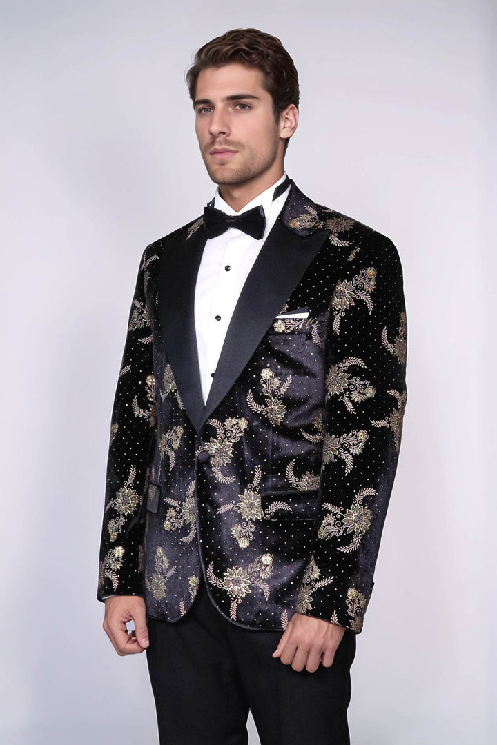 Blazer de bal noir en velours à motifs floraux pour hommes - Wessi