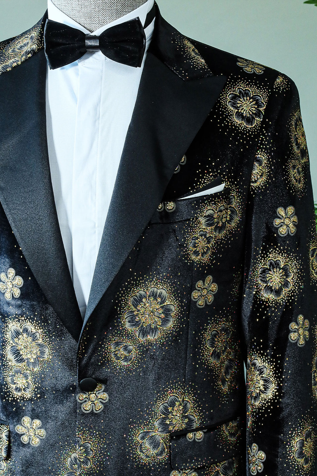 Golden Floral Pattern Shawl Lapel Tuxedo Jacket with Black Pants - Luxe Evening Look