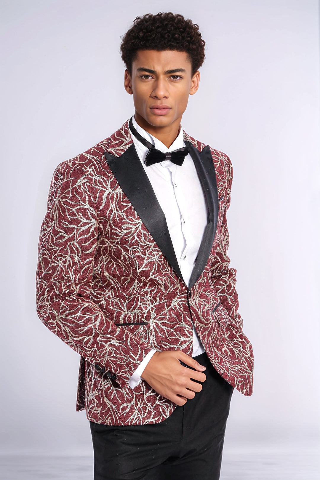 Blazer da ballo da uomo bordeaux slim fit con motivo edera scintillante - Wessi