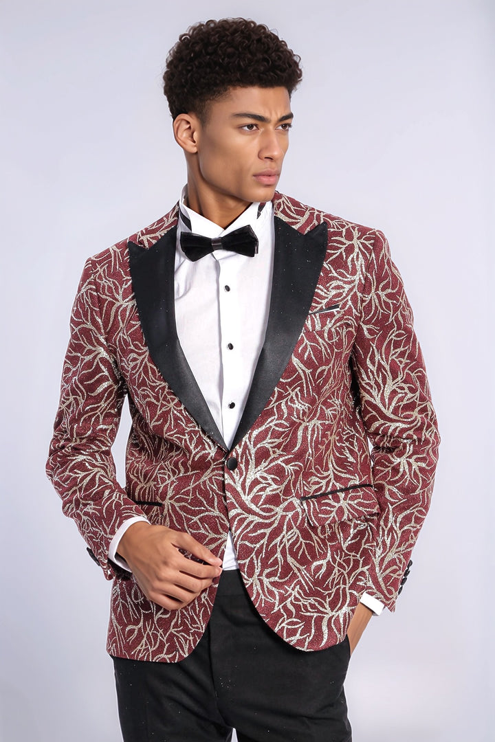 Blazer da ballo da uomo bordeaux slim fit con motivo edera scintillante - Wessi