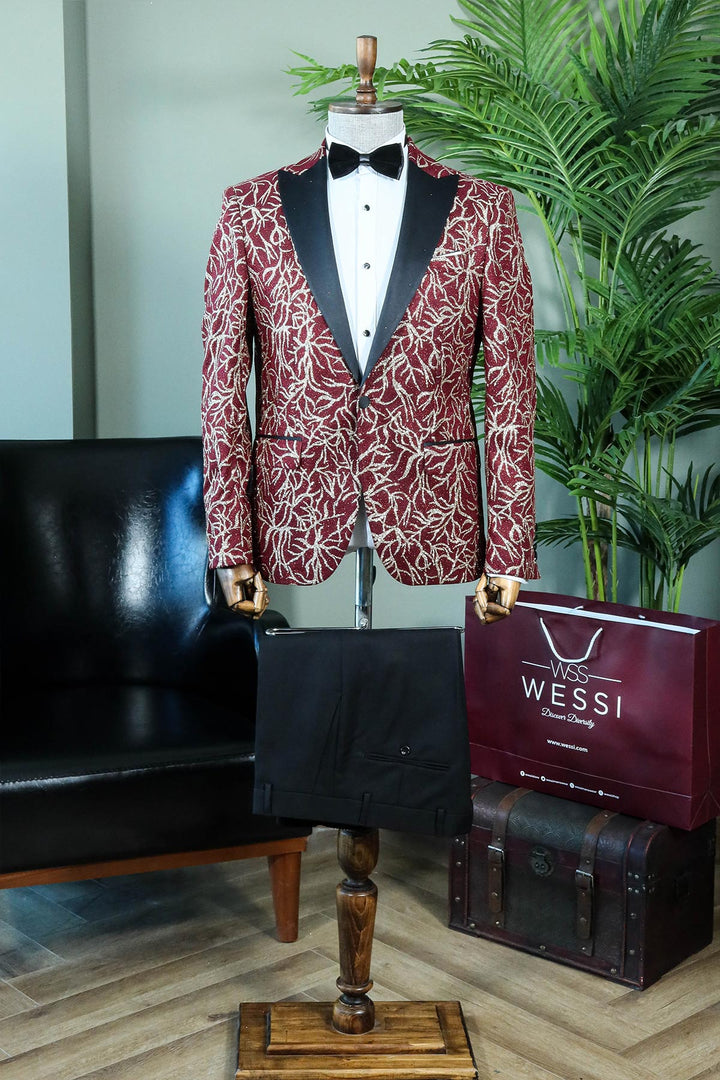 Red Glitter Vine Pattern Peak Lapel Tuxedo Jacket with Black Pants - Statement Party Attire