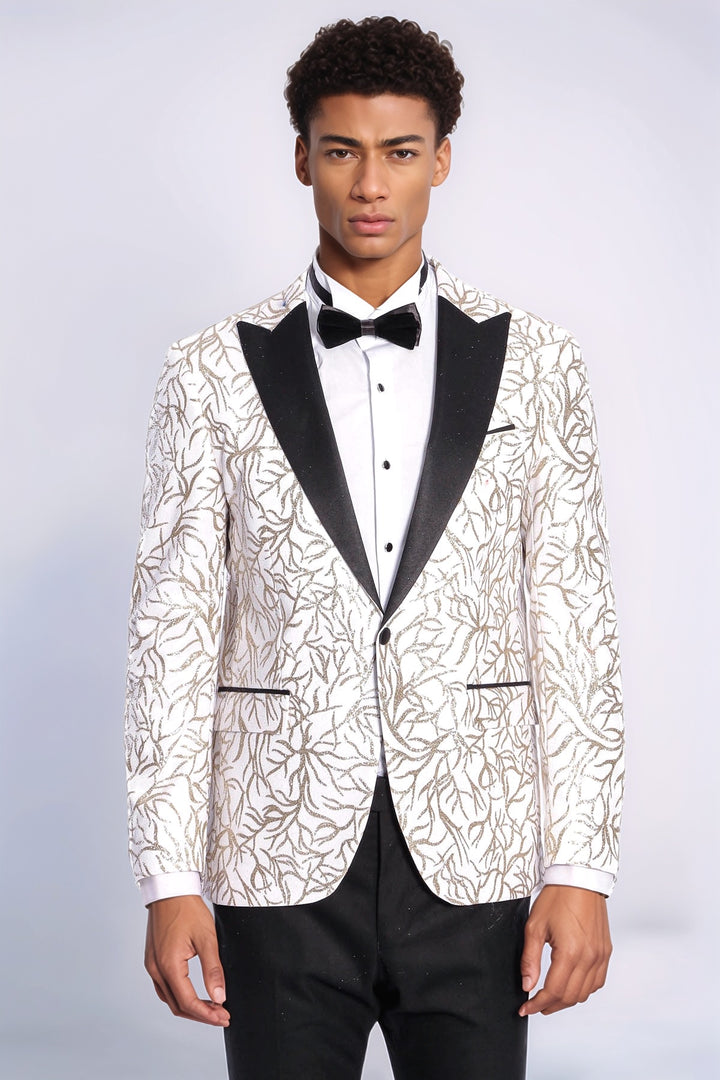 Sparkling Ivy Patterned Slim Fit White Men Wedding Groom Blazer - Wessi