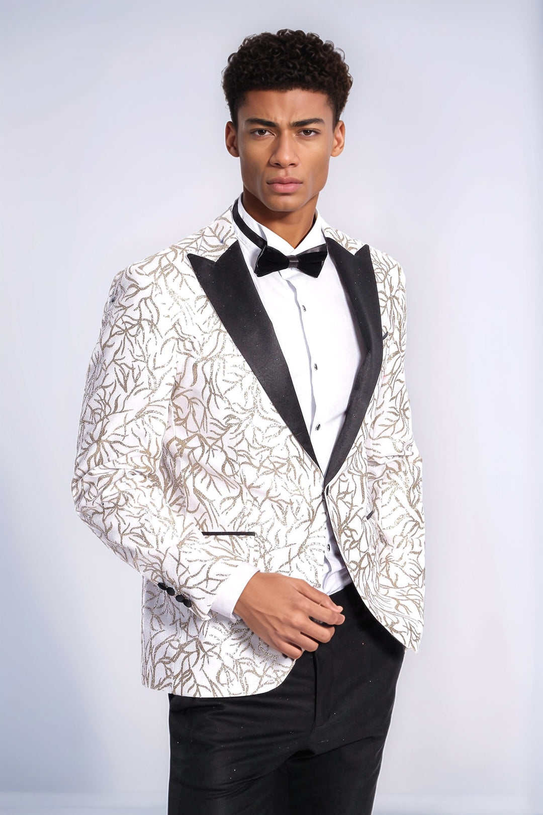 Sparkling Ivy Patterned Slim Fit White Men Wedding Groom Blazer - Wessi