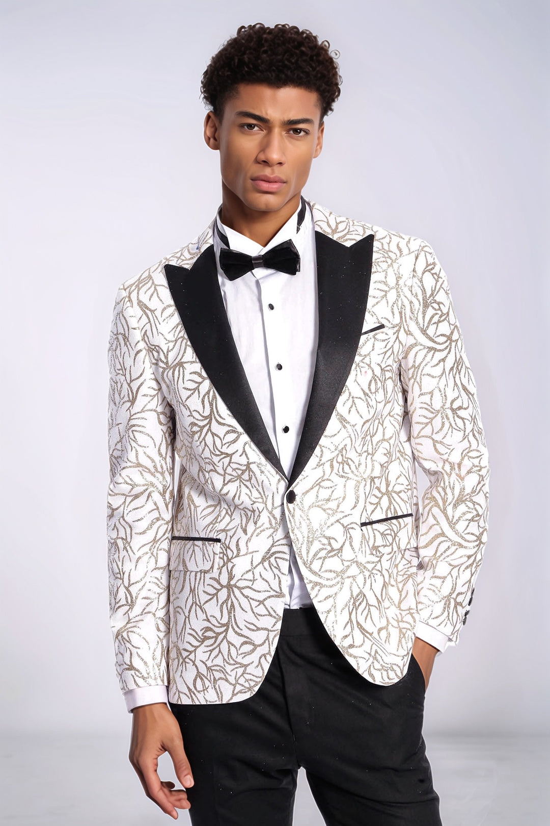 Sparkling Ivy Patterned Slim Fit White Men Wedding Groom Blazer - Wessi