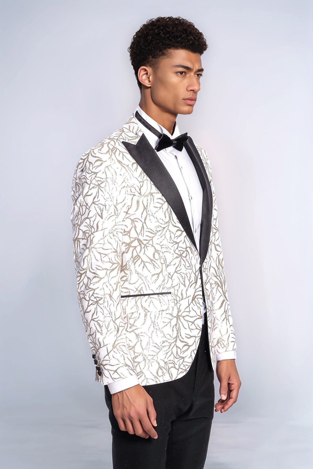 Sparkling Ivy Patterned Slim Fit White Men Wedding Groom Blazer - Wessi