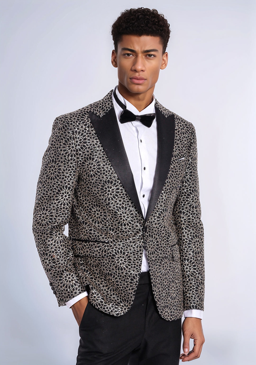 Flower Embroidered Pattern Black Men Party Blazer - Wessi