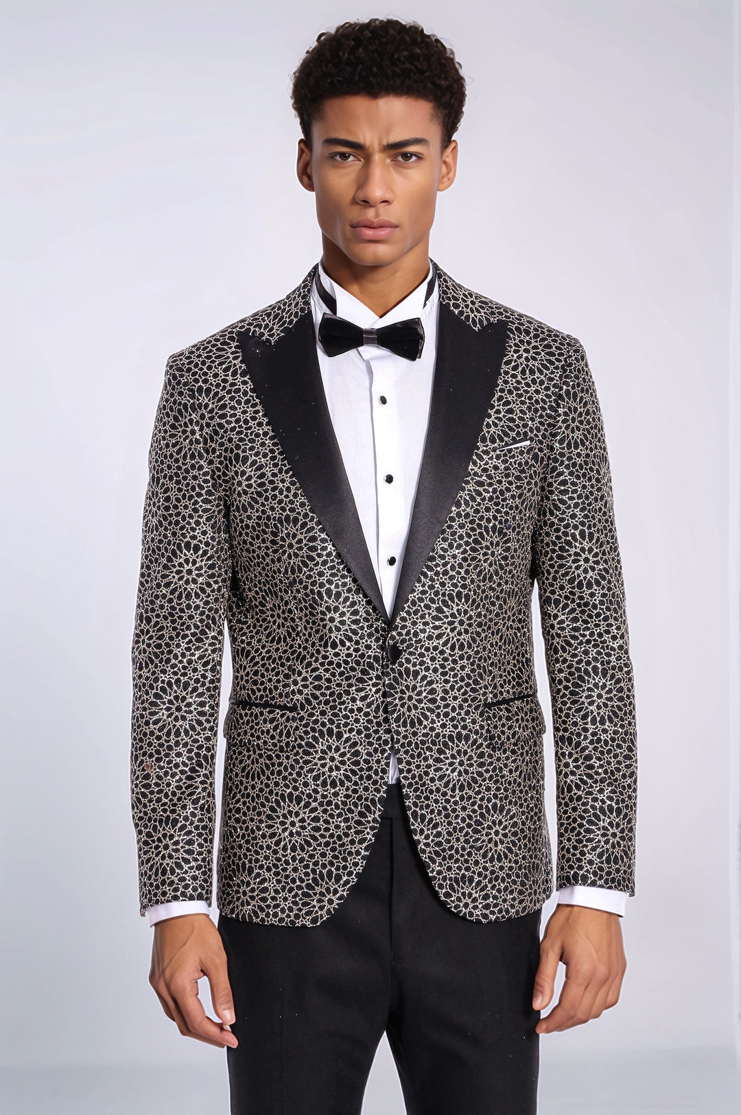 Flower Embroidered Pattern Black Men Prom Blazer and Trousers Combination Suit- Wessi