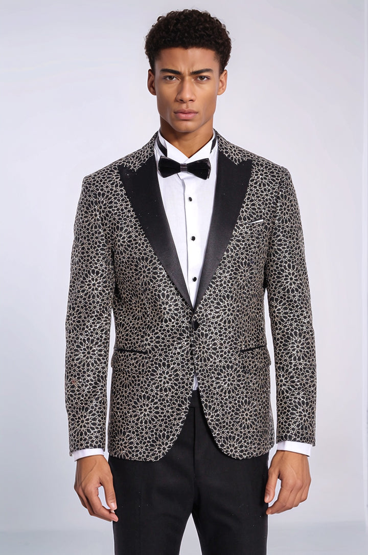 Flower Embroidered Pattern Black Men Prom Blazer and Trousers Combination Suit- Wessi