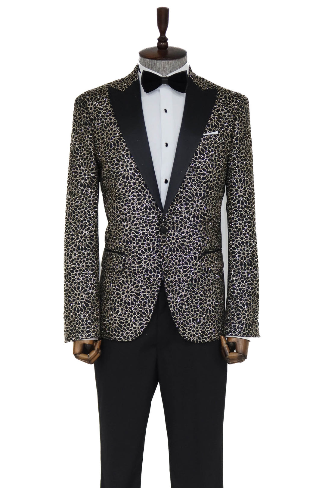 Flower Embroidered Pattern Black Men Prom Blazer and Trousers Combination- Wessi