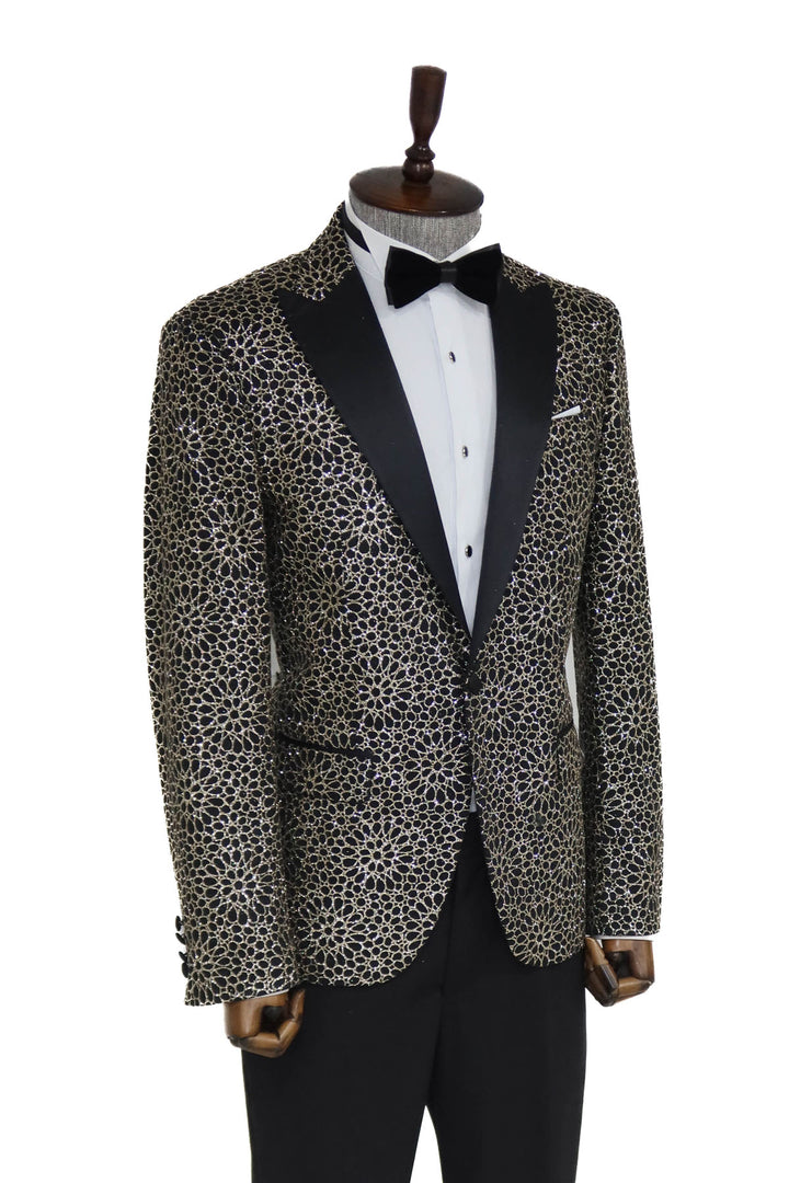 Flower Embroidered Pattern Black Men Prom Blazer and Trousers Combination- Wessi