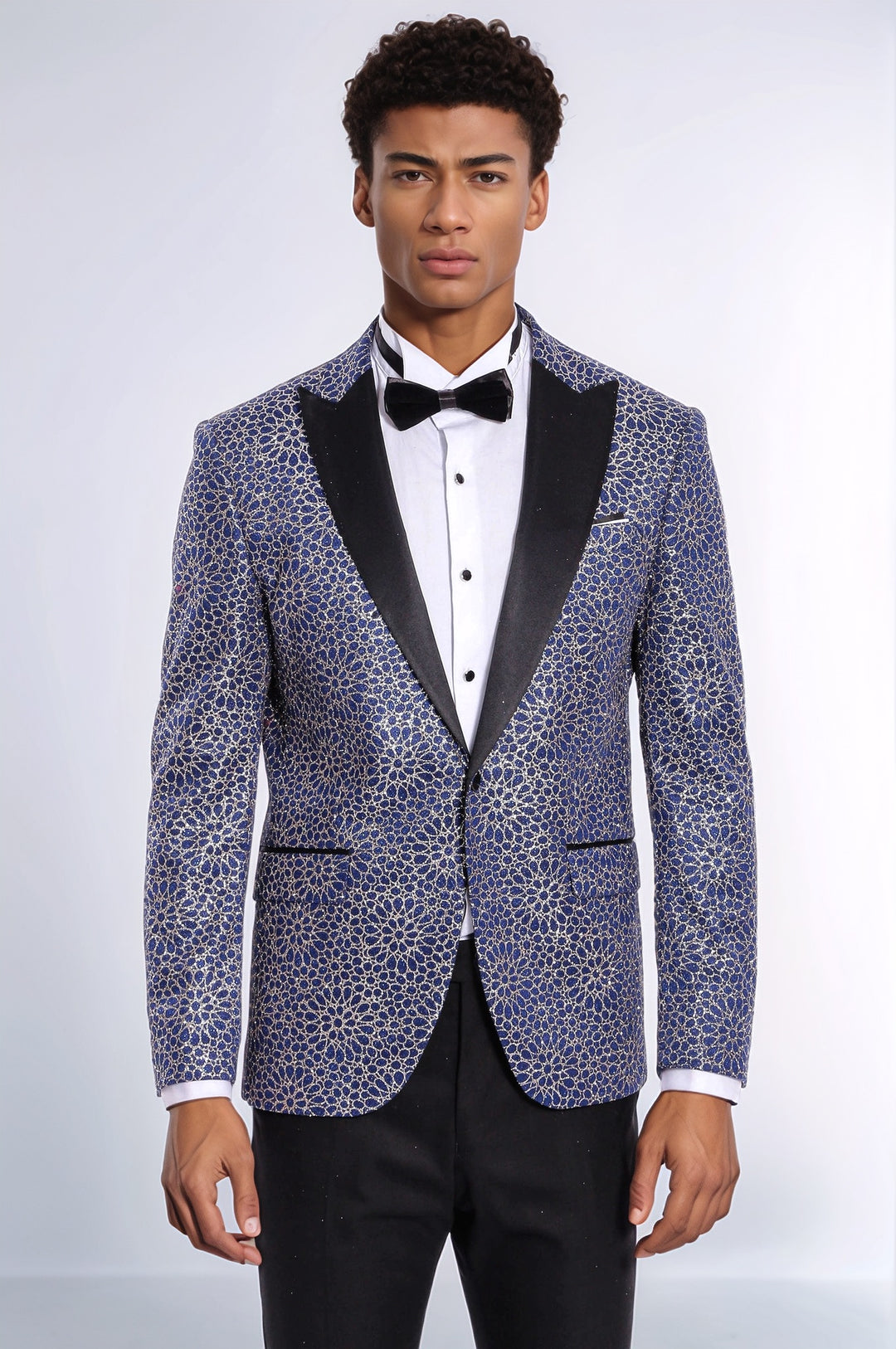 Blazer da uomo con motivo ricamato a fiori blu navy - Wessi