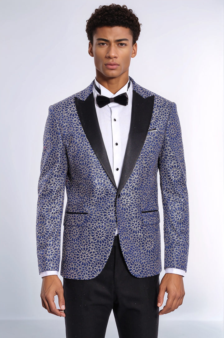 Blazer da uomo con motivo ricamato a fiori blu navy - Wessi