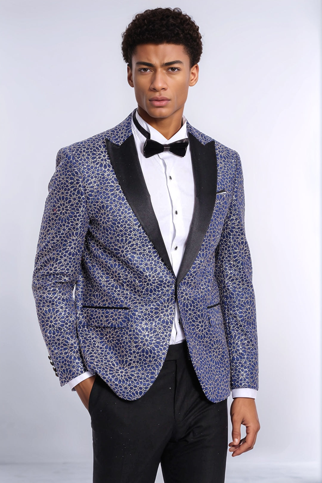 Blazer da uomo con motivo ricamato a fiori blu navy - Wessi