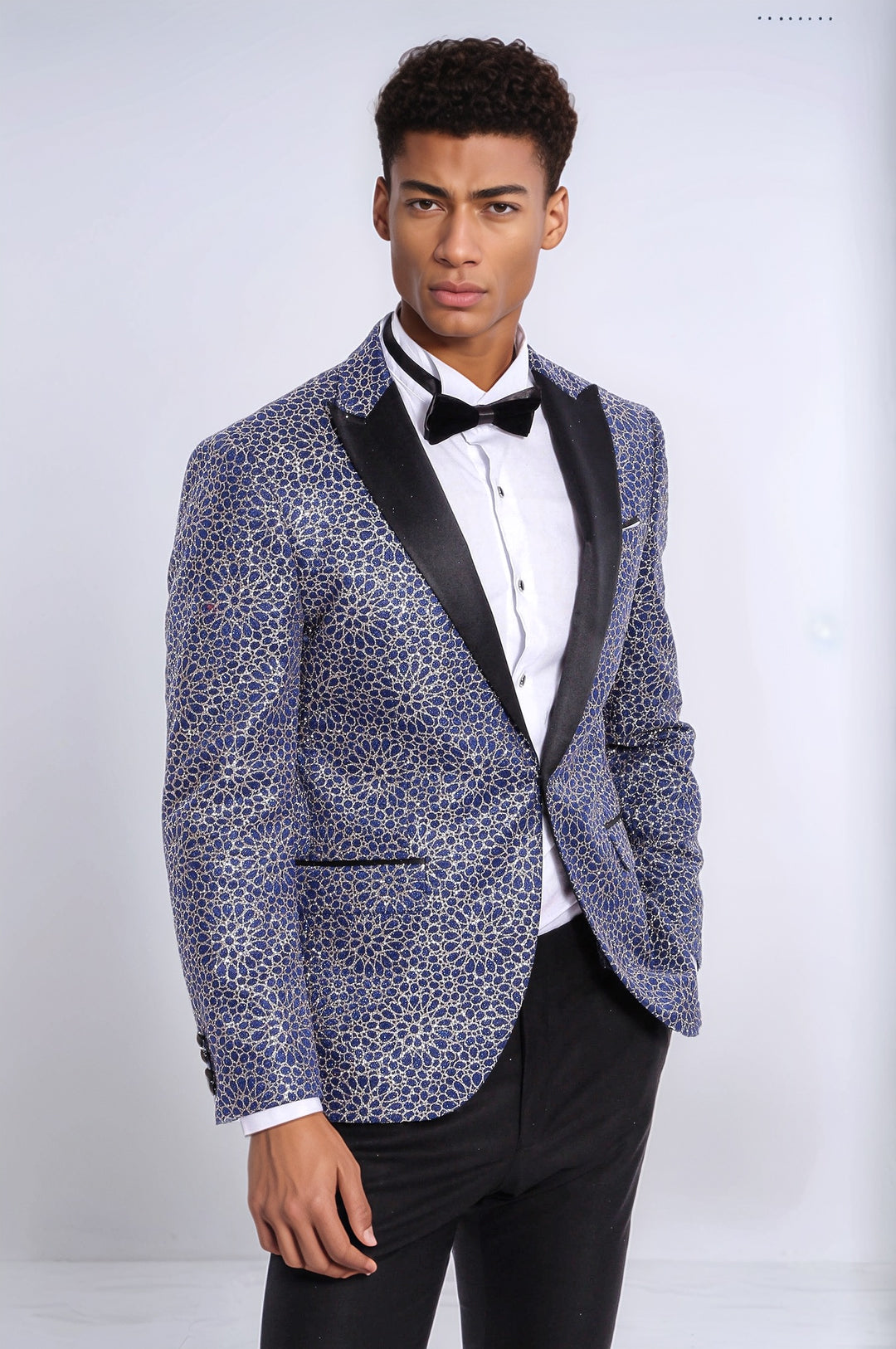 Blazer da uomo con motivo ricamato a fiori blu navy - Wessi