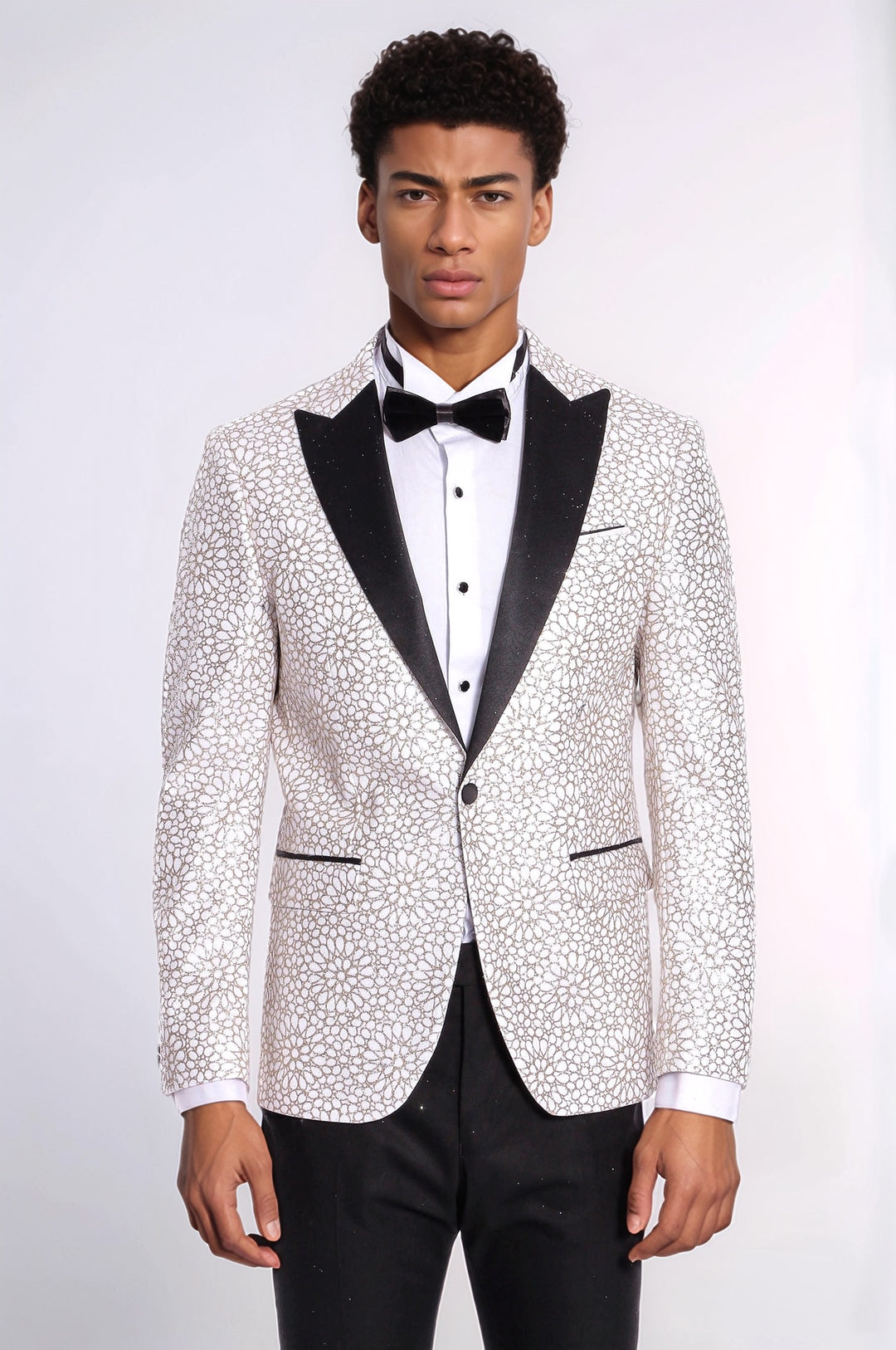 Flower Embroidered Pattern White Men Wedding Tuxedo Jacket - Wessi